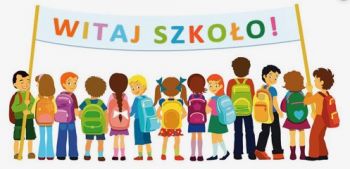 Rysunek dzieci trzymających transparent z napisem "Witaj szkoło!"