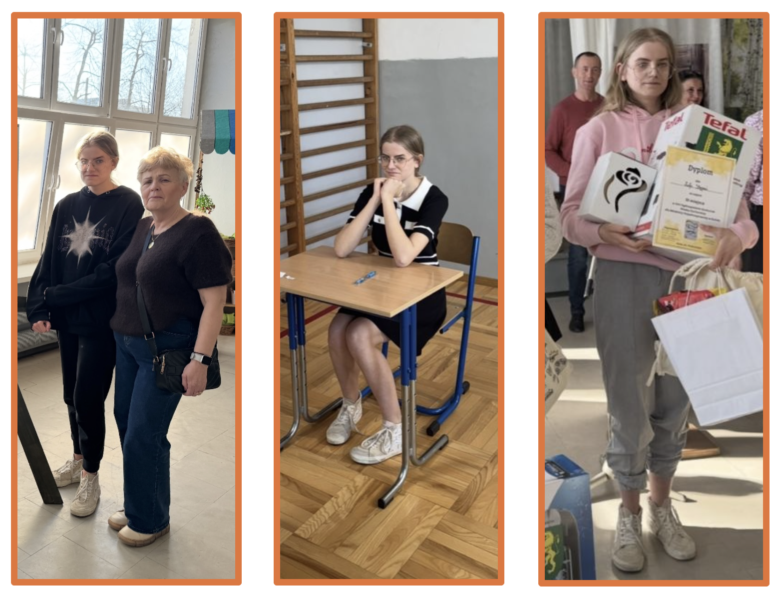 Trzy zdjęcia w pomarańczowych ramkach. 1. Uczennica z nauczycielką. 2. Uczennica w ławce. 3. Uczennica z dyplomem i nagrodami.