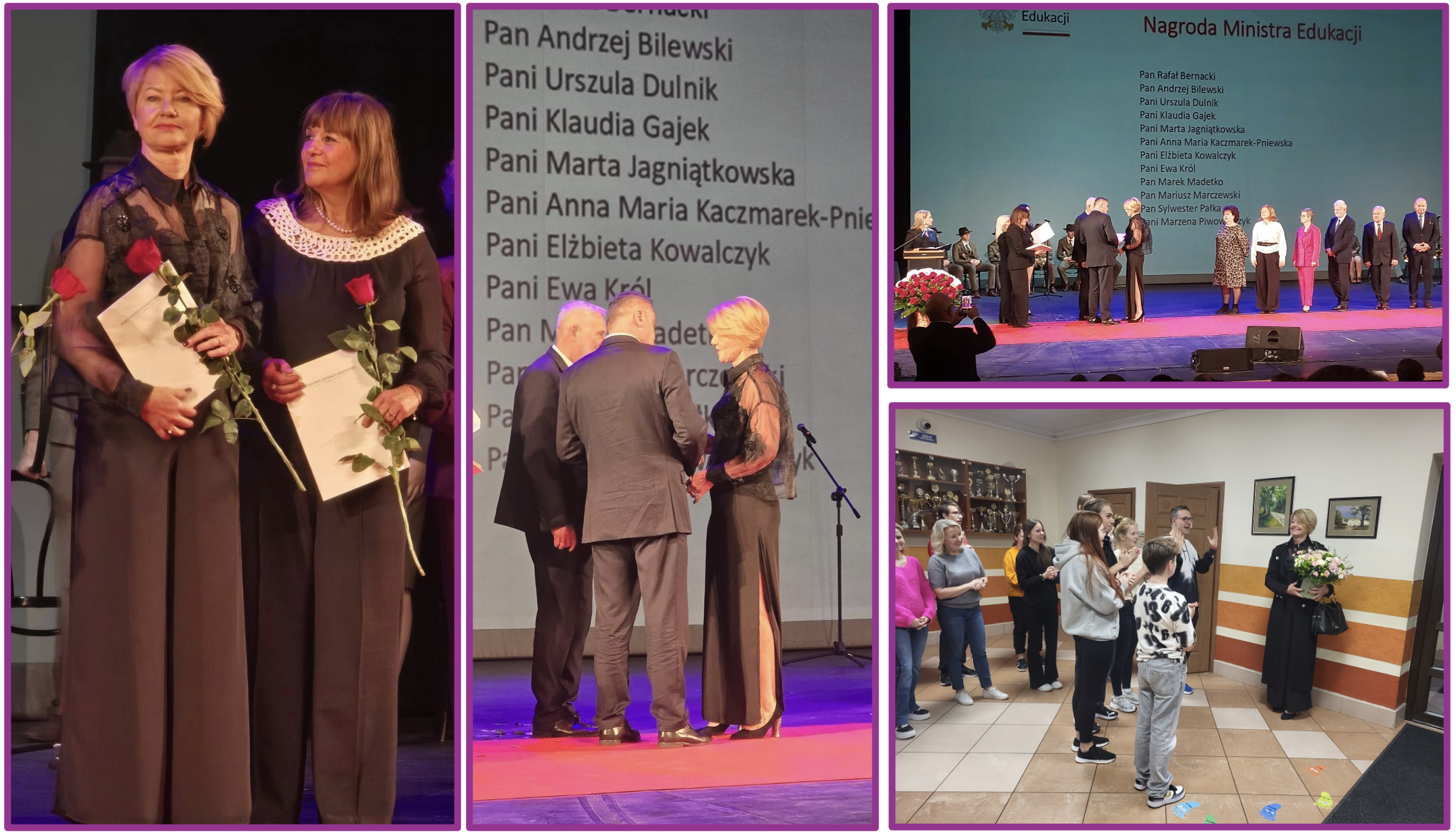 Zestaw 4 zdjęć. Na trzech Pani Dyrektor odbiera nagrodę, na czwartym uczniowie w szkole wręczają jej kwiaty i biją brawo