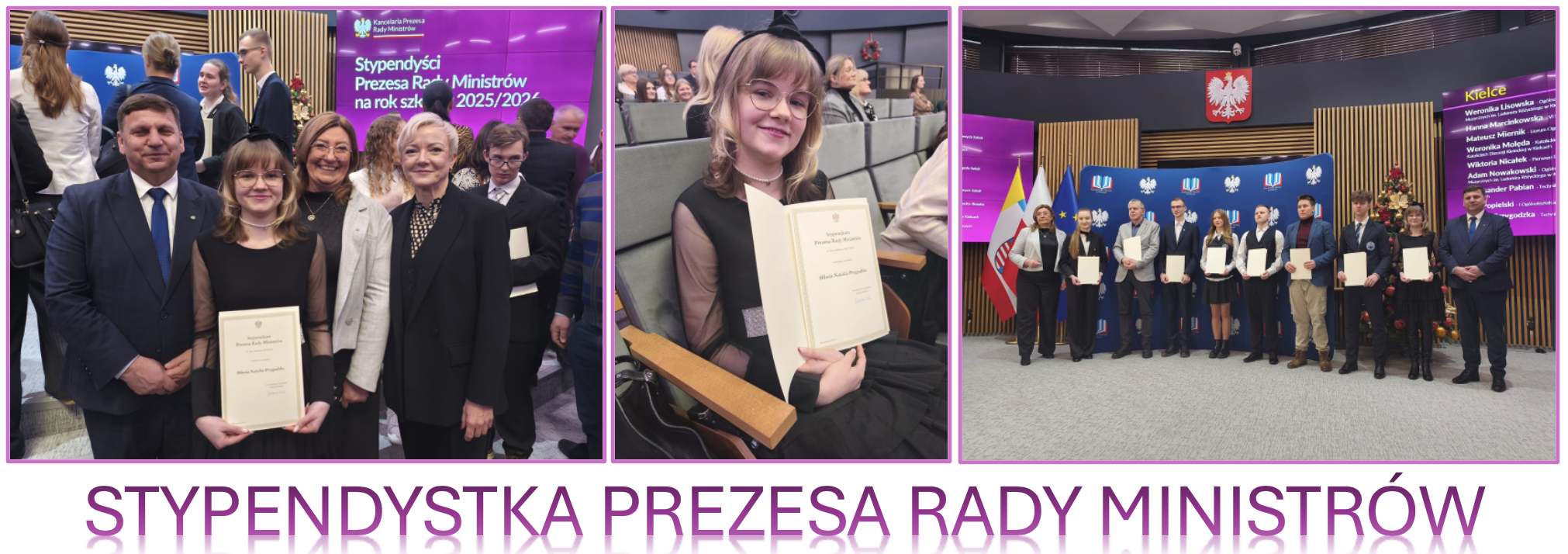 Zdjęcia z uroczystości wręczenia stypendium Prezesa Rady Ministrów - grupa uczniów z dyplomami i przedstawiciele władz