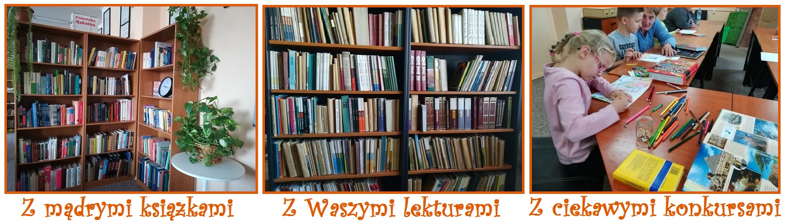 Regały z książkami. Dzieci wykonujące rysunki.Podpisy: z mądrymi książkami, z Waszymi lekturami, z ciekawymi konkursami