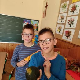 Uczniowie klasy 3  zapoznają się z darami jesieni