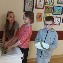 Wychowankowie myją szczypiorek.