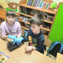 Uczniowie klasy 2a  wysiewają nasiona warzyw