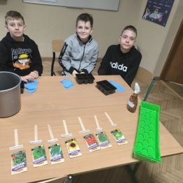 Uczniowie klasy 2a  wysiewają nasiona warzyw