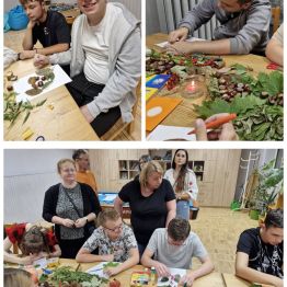 Uczniowie biorący udział w zajęciach plastycznych, w trakcie wykonywania swojej ozdoby jesiennej. 
