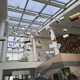 Wiszące książki w szklanym domu.