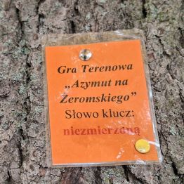 Oznaczenie gry terenowej i słowo  do zagadki.