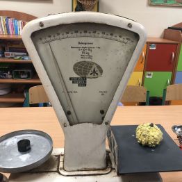 Uczniowie poznają różne rodzaje wag.