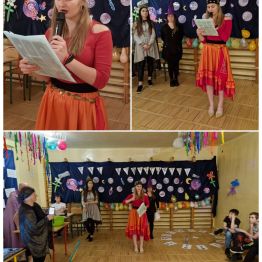 Wychowanka wita gości na zabawie andrzejkowej oraz czyta historię i tradycje związane z Andrzejkami