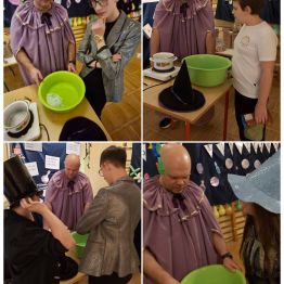 Młodzież leje wosk pod nadzorem wychowawcy.