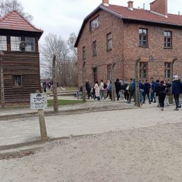 uczniowie idą i zwiedzają Muzeum w Auschwitz