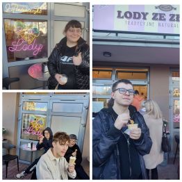 Wychowankowie jedzą lody w lodziarni "Na Złotej"