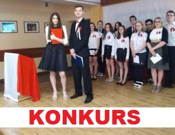 Uczniowie w strojach galowych na scenie, podpis: Konkurs