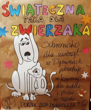 Plakat - Świąteczna paka dl zwierzaka. Zbiórka karmy dla zwierząt ze schroniska w Dyminach.