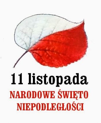 Biało-czerwony liść i napis: 11 listopada Narodowe Święto Niepodległości
