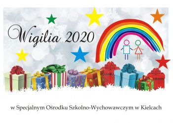 Prezenty, tęcza i napis: Wigilia 2020