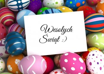 Kolorowe pisanki i kartka z napisem: Wesołych Świąt :)