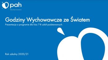 Biały napis na niebieskim tle: pah. Godziny wychowawcze ze Światem