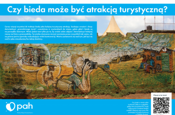 Rysunek człowieka patrzącego przez lornetkę z napisem: Czy bieda może być atrakcją turystyczną?