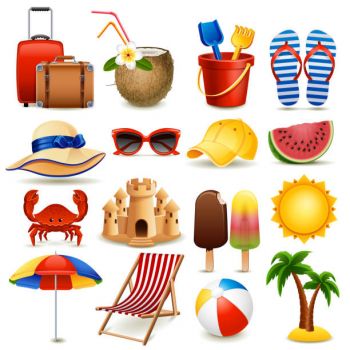 Przedmioty związane z wakacjami - walizka, klapki, słońce, palma, leżak, parasol, okulary, kapelusz, wiaderko, lody, piłka