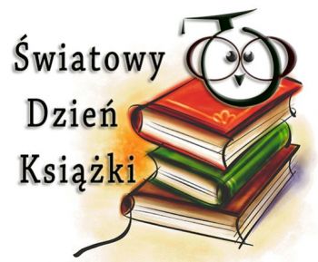 Napis Światowy Dzień Książki.Na rysunki trzy kolorowe książki.