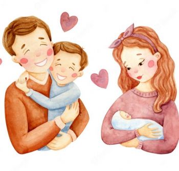 Mama i Tata trzymają swoje dzieci.Nad nimi unoszą się dwa czerwone serduszka.