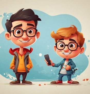 Dwóch chłopców uśmiecha się, jeden trzyma w ręce telefon komórkowy.