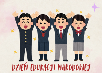 Czworo rysunkowych uczniów i napis: Dzień Edukacji Narodowej