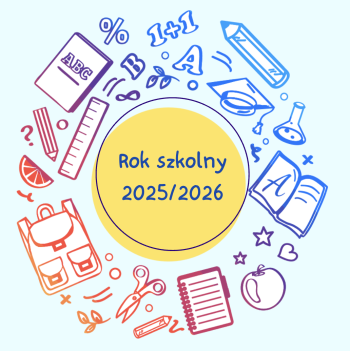 Napis: Rok szkolny 2025/2026 i ikony przedstawiające przybory szkolne