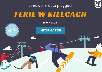 Grafika przedstawiająca snowboardzistów na stoku i napis: Ferie w Kielcach. Informator