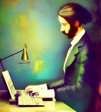 Plakat- pisarz przy komputerze pisze książkę.