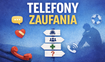 Napis "Telefony zaufania". W tle kontur człowieka podpierającego głowę. Piktogramy symbolizujące pomoc.