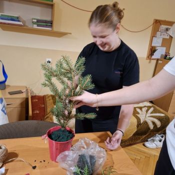 Wychowanki umieszczają elementy stroika w doniczce.